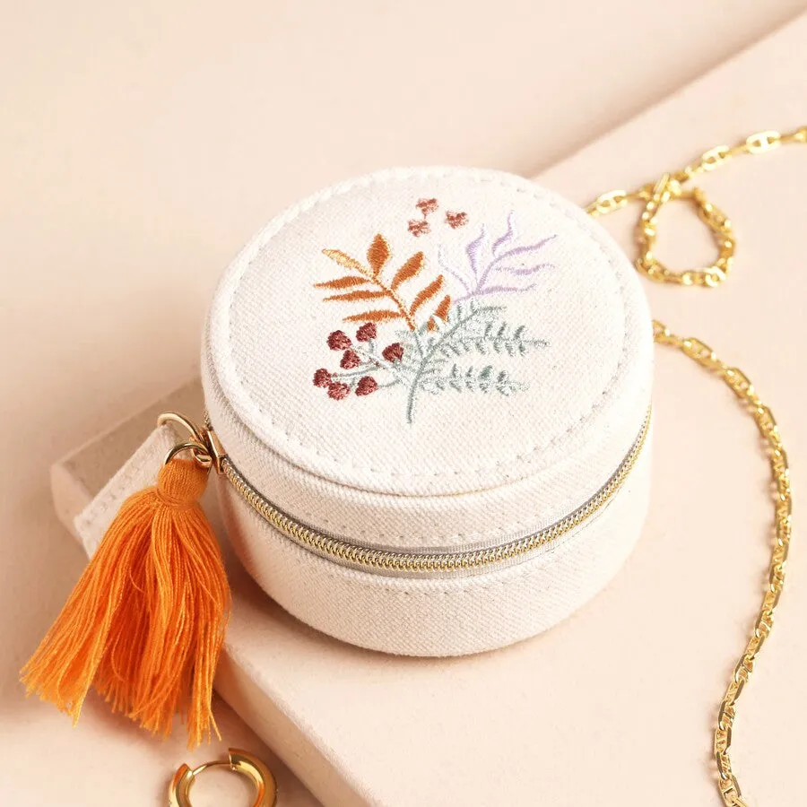 Embroidered Floral Linen Travel Jewelry Case