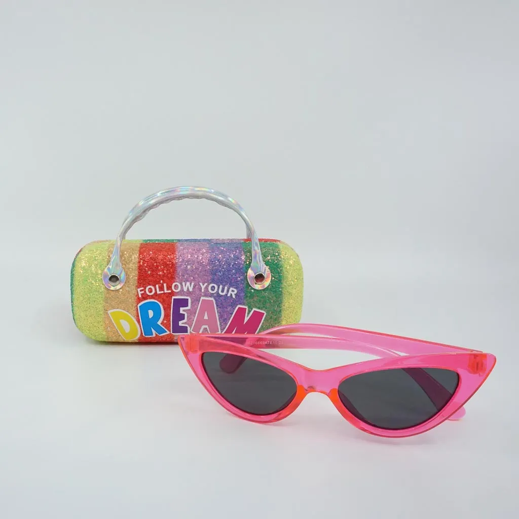 Follow Your Dreams Multi Glitter Case with an Pink Cat Eye Slim Frame Sunglass - Sunglasses and Case Set