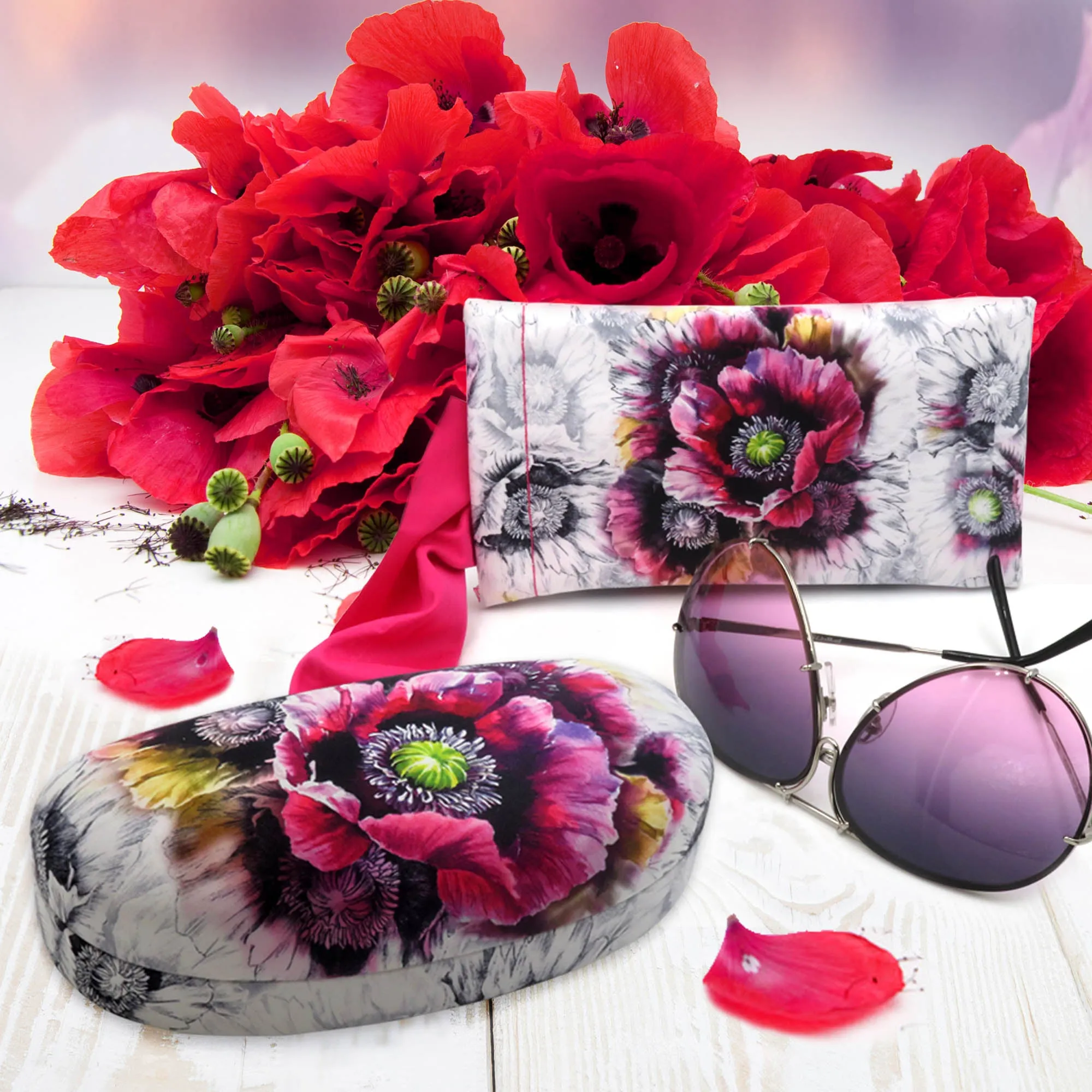 Hard Sunglasses Case with Soft Eyeglass Pouch, A Floral Glasses case Hard Shell w/Soft Eye Glass Carry case by Rachel Rowberry (AS113   CT2 Poppy)