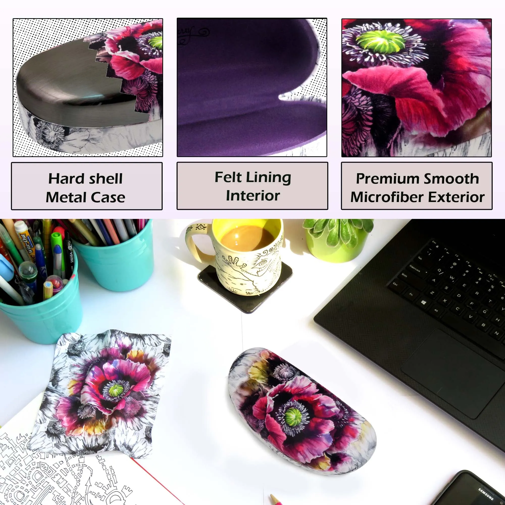Hard Sunglasses Case with Soft Eyeglass Pouch, A Floral Glasses case Hard Shell w/Soft Eye Glass Carry case by Rachel Rowberry (AS113   CT2 Poppy)