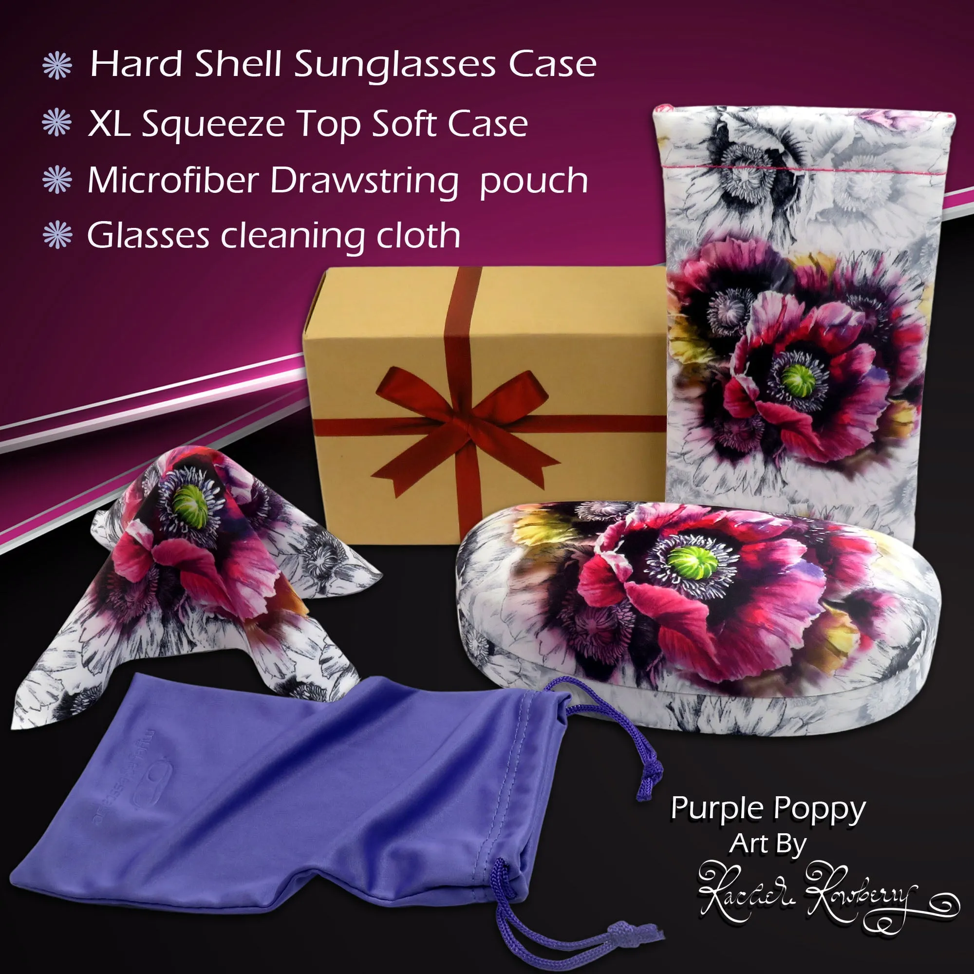 Hard Sunglasses Case with Soft Eyeglass Pouch, A Floral Glasses case Hard Shell w/Soft Eye Glass Carry case by Rachel Rowberry (AS113   CT2 Poppy)