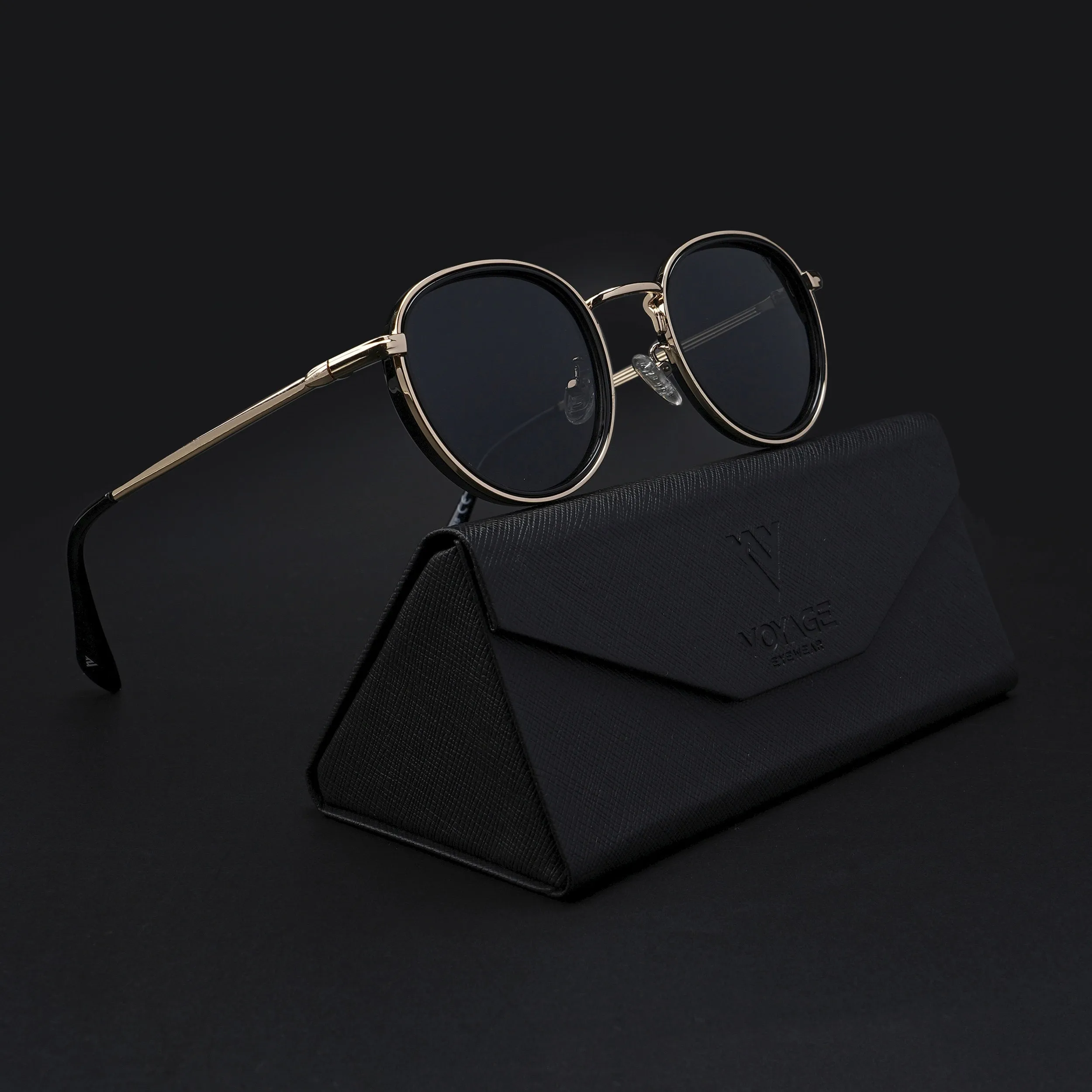 Round Polarized Sunglasses (Black Lens | Golden Frame - PMG5857)