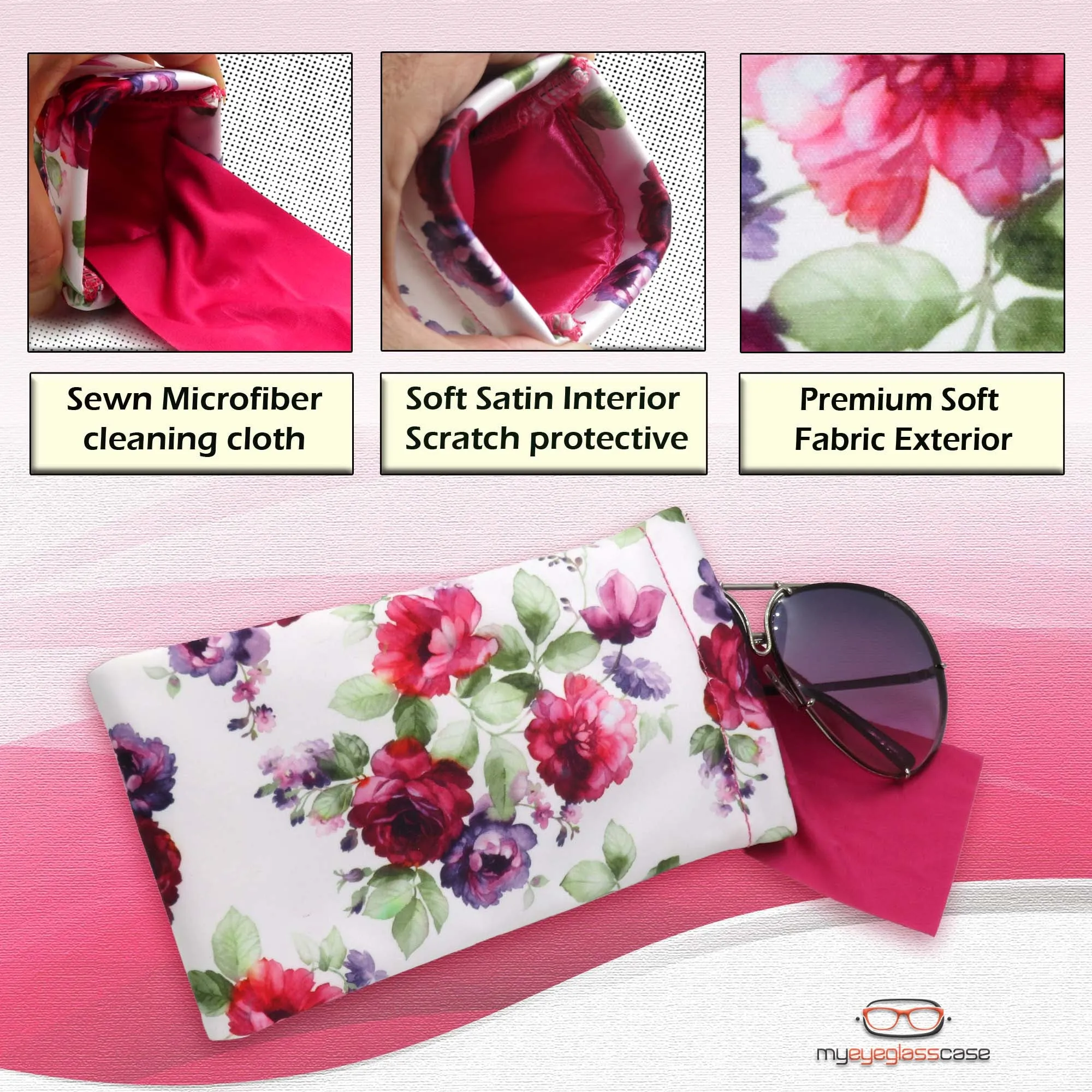 Soft Sunglasses case -XL Large Eyeglasses Squeeze Top Case w/ Cloth - Smart Phone holder (CT8 Cranberry Rose)