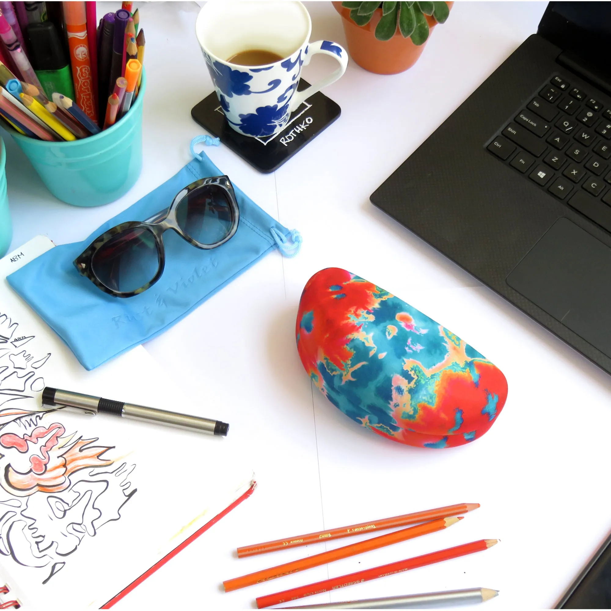 Women Extra Large Curved Sunglasses Case - Hard glasses case w Pouch and Cloth (AS179 Tie Dye)