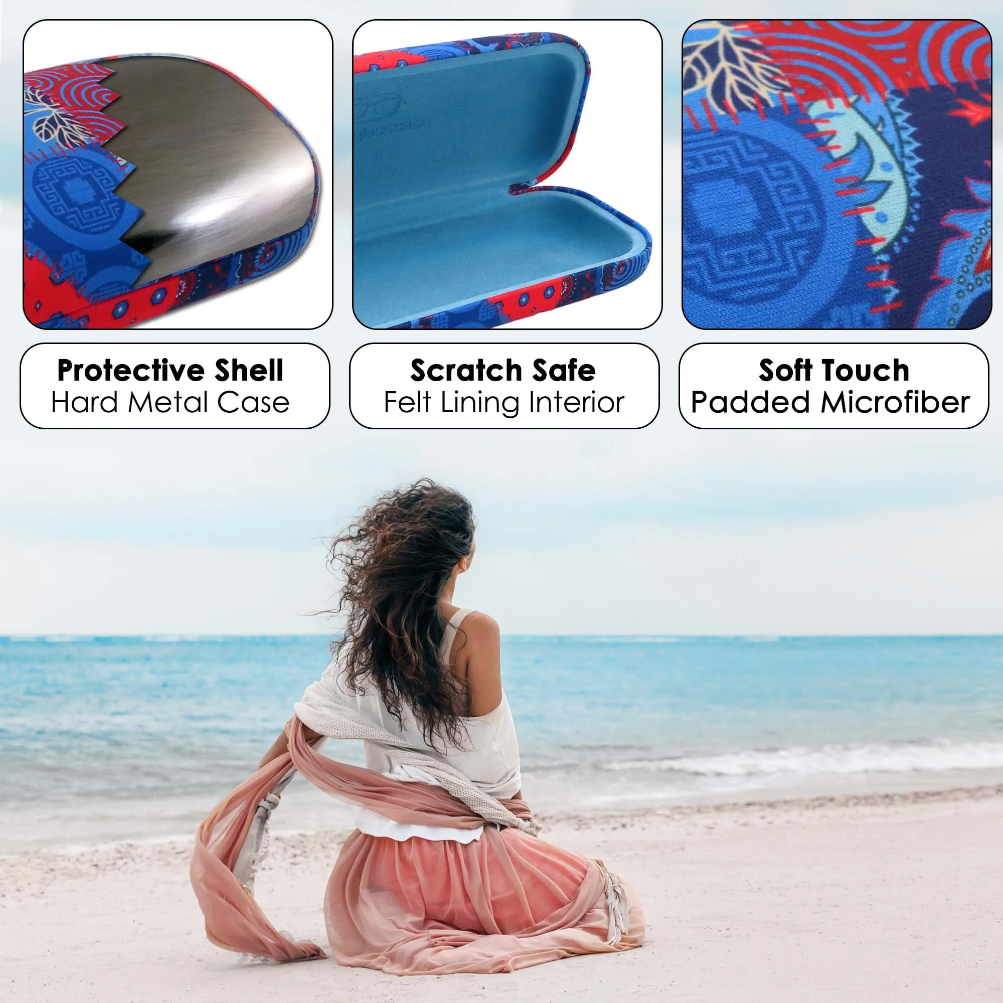 Women hard glasses case - eyeglass case Holder w/Pouch & Cloth Medium size (AS126 Patchwork)